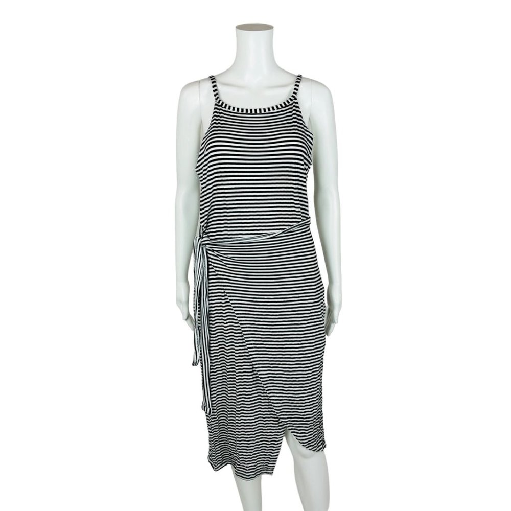 Black Striped Sleeveless Tank Dress Halter Neck Tie Waist T Shirt Summer Casual